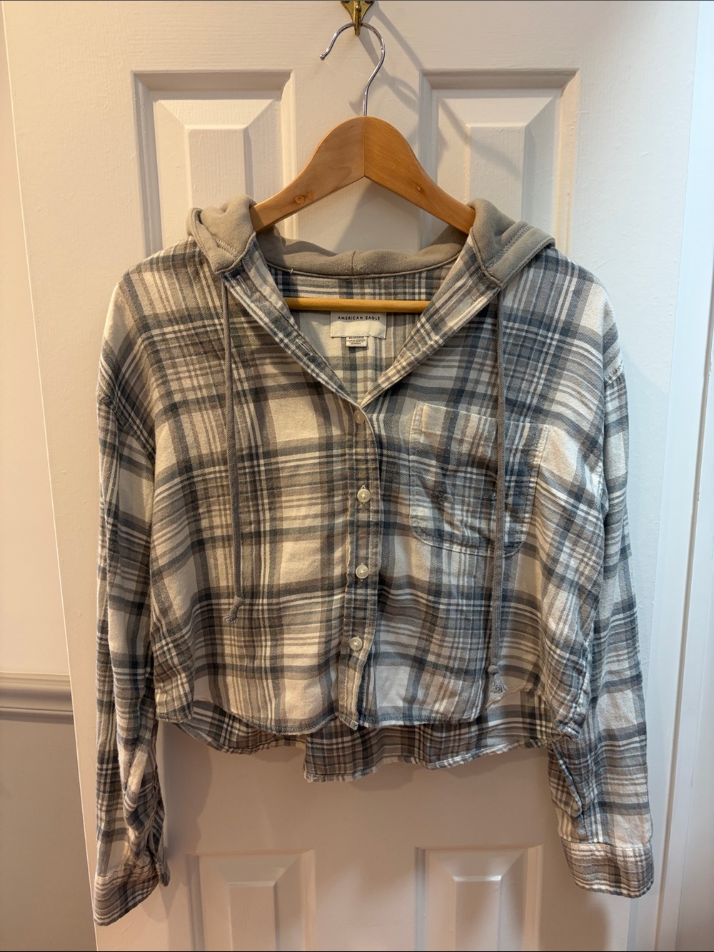 Plaid Hooded Button-Up in Gray and Cream